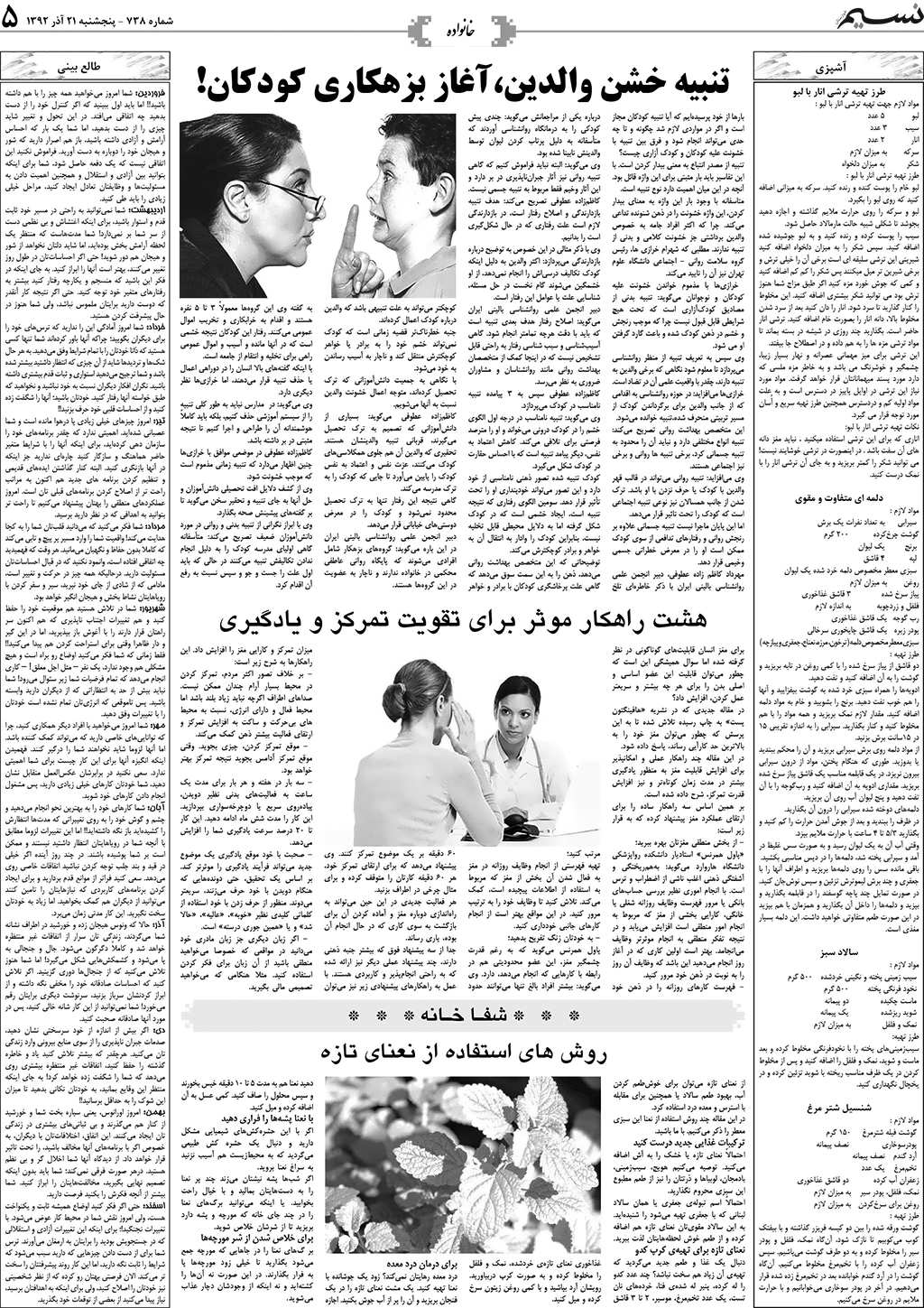 صفحه خانواده روزنامه نسیم شماره 738